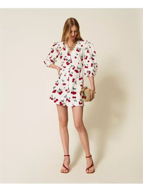 Abito corto in popeline con stampa ciliegie